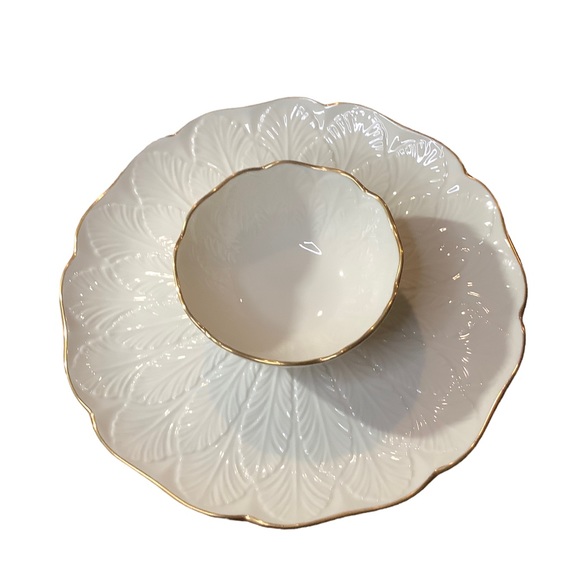 Lenox Dining Lenox Chip Veggie Dip Dish Plate Leaf Relief Design